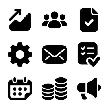 Web ve mobil arayüzler için temel iş simgelerinin bir koleksiyonu. Büyüme, takım, görevler, ayarlar, e-posta, takvim, finans ve pazarlama sembollerini içerir.