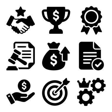 İş, finans ve başarıyla ilgili siyah sembol koleksiyonu. Ortaklık, ödül, yasal belgeler, yatırım ve stratejik hedefler için semboller içerir.