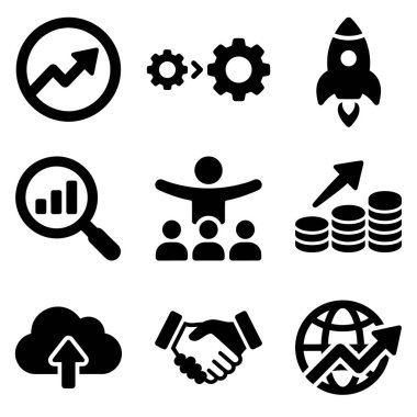İş geliştirme, finansal başarı, veri analizi, takım çalışması ve beyaz arkaplandaki teknoloji girişimleriyle ilgili dokuz basit siyah simge simgesi koleksiyonu.