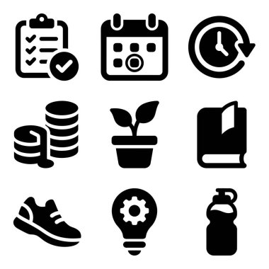 Beyaz arka planda zaman yönetimi, finans, büyüme, öğrenme, fitness ve yenilik gibi kavramları temsil eden dokuz basit siyah simge koleksiyonu.