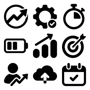 Büyüme, ayar, zaman yönetimi, ilerleme, hedef, kullanıcı analizi, bulut yüklemesi ve takvim zamanlaması gibi kavramları temsil eden dokuz siyah simge koleksiyonu.