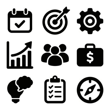 Strateji, hedefler, takım çalışması, finans, planlama ve yenilik gibi ticari kavramları temsil eden dokuz siyah katı ikondan oluşan bir koleksiyon. Web ve mobil uygulamalar için mükemmel.