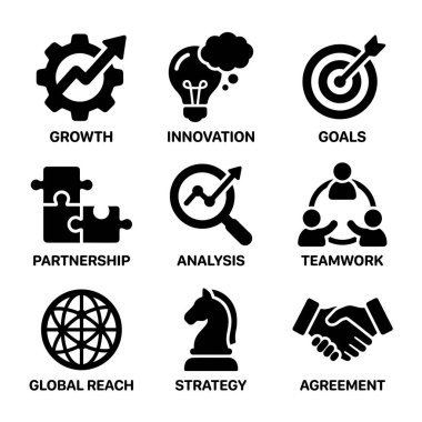 Büyüme, hedefler, ortaklık, takım çalışması, analiz ve web ve yazdırma için küresel erişimi temsil eden dokuz düz tek renkli simge koleksiyonu.