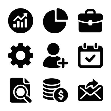 Dokuz temel iş ve finans simgesi koleksiyonu. Analiz, kullanıcı yönetimi, programlama ve para özellikleri. Web ve mobil uygulamalar için beyaz bir arkaplanda izole edilmiş.