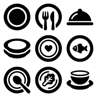 Yemek ve yemek servisi ile ilgili dokuz siyah simge koleksiyonu. Tabaklar, çatal bıçak, balık, salata, çorba ve servis saati sembolleri içerir.