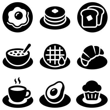 Çeşitli kahvaltılık öğeleri temsil eden dokuz basit siyah kabartma simge koleksiyonu. Ağ ve grafik tasarım için kızarmış yumurtalı gözleme, waffle kahvesi avokado ve kruvasan da dahil.
