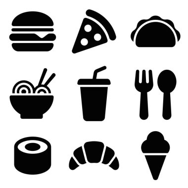 Dokuz basit yiyecek ve içecek ikonundan oluşan bir koleksiyon. Hamburger, pizza, taco, erişte, soda, çatal bıçak takımı, suşi, kruvasan ve dondurma külahını içeriyor. Beyaz bir arkaplanda izole edilmiş.