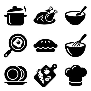 Dokuz kişilik bir vektör seti ve tencere, kızarmış tavuk, kase, kızarmış yumurta, turta, çırpı, tabak, kesim tahtası ve şef şapkası içeren ikonlar..