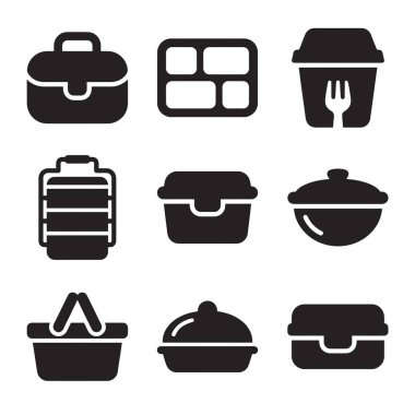 Beyaz arka planda çeşitli beslenme çantalarını, bento kutularını, tiffin taşıyıcılarını ve yemek paketlerini temsil eden dokuz basit simge simgesi..
