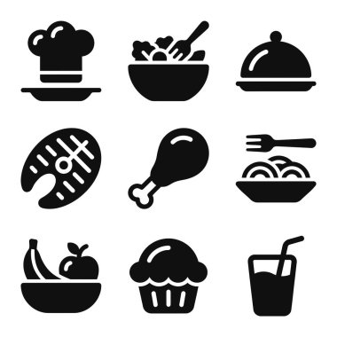 Beyaz arka planda izole edilmiş dokuz tane besin ikonu. Aşçı şapkası, salata, balık, tavuk, makarna, meyve, kek ve web veya uygulama tasarımı için içecek içerir.