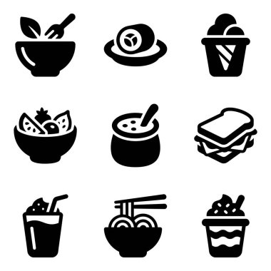 Minimalist kabartma tarzında dokuz yemek simgesinden oluşan vektör grafik seti. Salata, sandviç ve erişte gibi öğünler, ayrıca beyaz üzerine izole edilmiş dondurma ve tatlı gibi muamele görüyor..