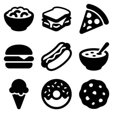 Dokuz tane minimalist gıda ikonu koleksiyonu. Sette bir hamburger, pizza dilimi, hot dog, sandviç, çorba, patlamış mısır, dondurma, çörek ve kurabiye yer alıyor..
