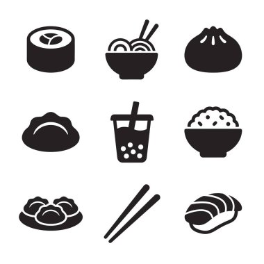Suşi, erişte, hamur köftesi, pirinç ve köpüklü çay gibi popüler Asya yemeklerini temsil eden dokuz basit siyah beyaz ikondan oluşan bir koleksiyon. İzole vektör grafik kümesi.
