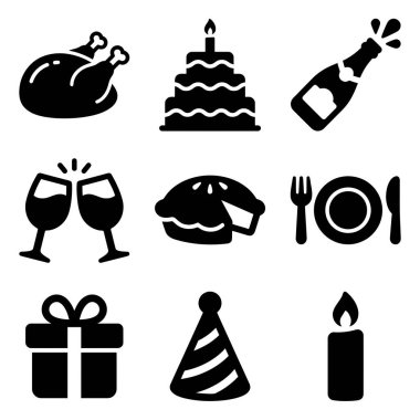 Partiyi temsil eden dokuz siyah beyaz ikon koleksiyonu ve beyaz arka planda doğum günü pastası, şampanya, hediye ve şenlikli yemek gibi kutlama unsurları..