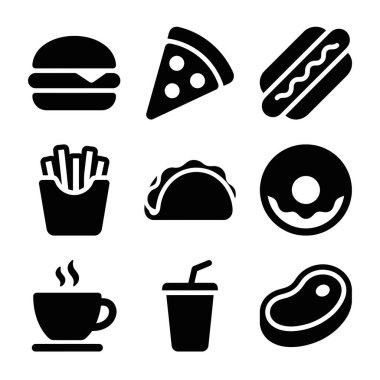 Hamburger, pizza, sosisli, patates kızartması, tako, çörek, kahve, soda ve biftek gibi popüler fast food ürünlerini temsil eden dokuz adet siyah siluet simgesi..