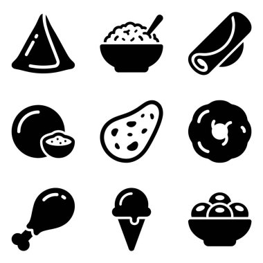 Hindistan mutfağı ve fast food ürünleri de dahil olmak üzere çeşitli yemek, aperatif ve tatlıları tasarım amaçlı izole eden dokuz adet minimalist yemek sembolü..