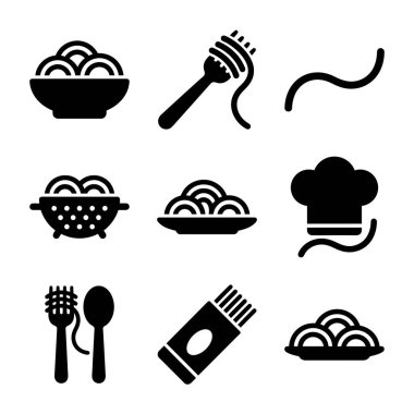 İtalyan mutfağıyla ilgili dokuz basit siyah-beyaz vektör ikonu. Kasede spagetti, tabakta çatal, süzgeç ve aşçı şapkası var..