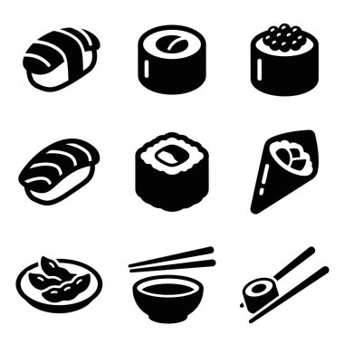 Çeşitli suşi ruloları, nigiri, temaki, edamame, soya sosu ve beyaz arkaplanda çubuk bulunan Japon yemeklerini temsil eden dokuz minimalist simge koleksiyonu..