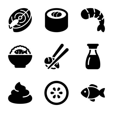 Suşi, somon bifteği, karides, pirinç kasesi, yemek çubuğu, soya sosu ve wasabi de dahil olmak üzere Japon mutfağının elementlerini temsil eden dokuz simge..