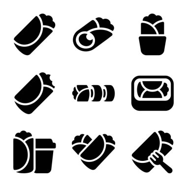 Çeşitli burrito, shawarma ve yiyecek ambalajlarını temsil eden dokuz siyah katı ikondan oluşan bir koleksiyon. Menüler, uygulamalar ve fast food ile ilgili web siteleri için mükemmel.