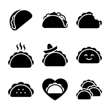 Beyaz arka planda izole edilmiş siyah taco ikonlarından oluşan bir derleme. Set, mutlu bir yüz, bir sombrero, bir kalp ve web ve grafik tasarım için uygun ısırılmış bir taco gibi çeşitli tasarımları içeriyor..