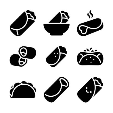 Popüler Meksika yemeklerini temsil eden dokuz siyah simge koleksiyonu. Set çeşitli burrito, taco ve ambalaj çeşitleri içeriyor, menüler veya yemek uygulamaları için mükemmel..