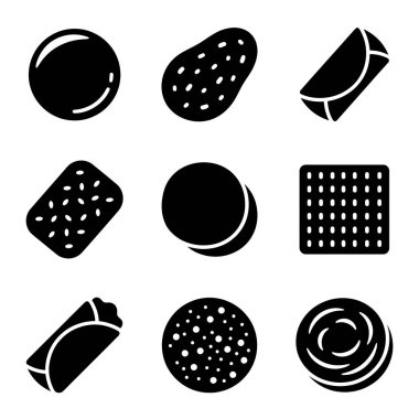 Çeşitli ekmek, kraker ve hamur işlerini temsil eden dokuz siyah beyaz simge koleksiyonu. Ekmekler, somunlar, ambalajlar ve düz ekmekler için simgeler içerir.