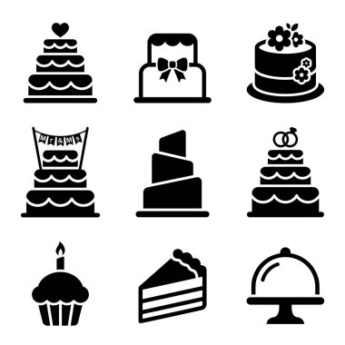 Çeşitli pasta çeşitlerini temsil eden dokuz basit siyah kabartma simgesinden oluşan bir koleksiyon. İçinde çok katlı düğün pastaları, bir kek, bir dilim pasta ve servis tabağı var..