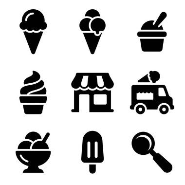 Dondurmacı, teslimat kamyonu ve kap kase gibi kap kase servis eden çeşitli dondurma ikonlarını temsil eden dokuz adet siyah katı kabartma sembolü..