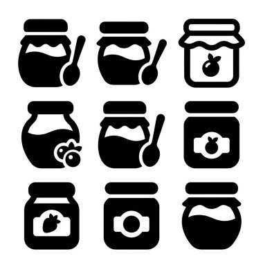 Reçel, reçel ve meyve reçeli kavanozlarını tasvir eden dokuz basit, düz vektör ikonu koleksiyonu. Yaban mersini ve çilek gibi kaşık ve meyve etiketli varyasyonları içerir.