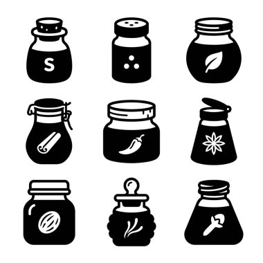 Beyaz bir arka planda tuz, biber, tarçın ve karanfil gibi çeşitli mutfak baharatlarını temsil eden basit bir simge koleksiyonu..