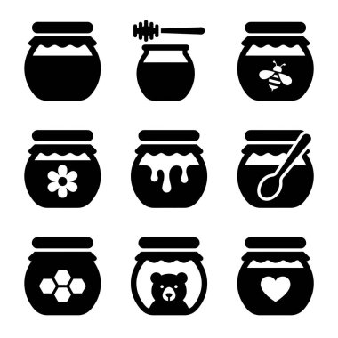 Bal kavanozlarını tasvir eden dokuz basit siyah beyaz simge koleksiyonu. Arı, bal peteği, çiçek, ayı ve bal kovanı gibi semboller içerir. Gıda ambalajı, logo ya da web tasarımı için mükemmel.