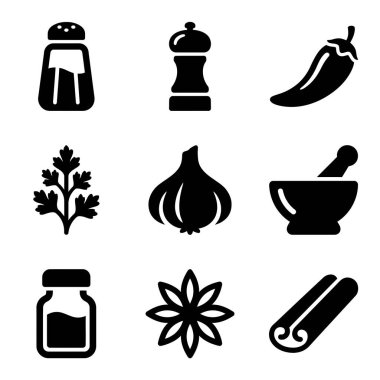 Bu ikon seti tuz, biber, kırmızı biber, maydanoz, sarımsak, havan topuzu, baharat kavanozu, yıldız anason ve tarçın çubukları içerir. Mutfak temaları için basit ve temiz tasarım.