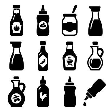 Çeşitli yemek sosları ve baharatları temsil eden 12 adet siyah ve beyaz vektör ikonu. Ketçap, hardal, soya sosu, zeytinyağı ve barbekü sosu şişeleri içerir..