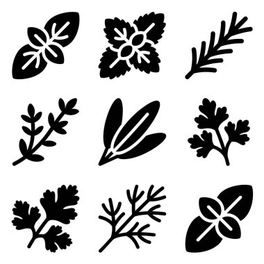 Beyaz bir zemin üzerinde fesleğen, nane, biberiye, kekik, adaçayı, maydanoz ve dereotu gibi çeşitli mutfak bitkilerini temsil eden dokuz izole edilmiş siyah kabartma sembolü..