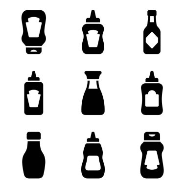 Çeşitli yemek sosu ikonlarından oluşan bir koleksiyon. Bu vektör grafik seti ketçap, hardal, soya sosu ve beyaz arka planda izole edilmiş diğer sargılar için düz semboller içerir..