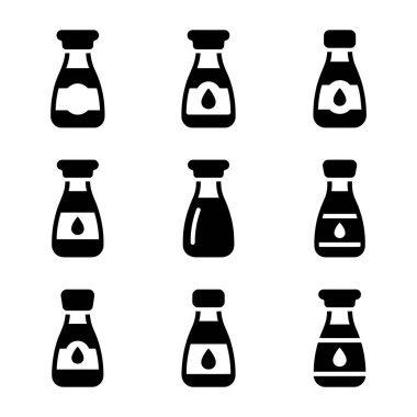Beyaz arka planda izole edilmiş, soya sosu dağıtıcılarını temsil eden dokuz basit minimalist kabartma sembolü koleksiyonu. Restoran menüleri ya da Asya yemek temaları için mükemmel.