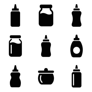 Çeşitli yiyecek konteynırlarını temsil eden dokuz basit vektör simgesinden oluşan bir koleksiyon. Ketçap ve hardal için sıkılmış şişeler, reçel ve turşu için cam kavanozlar ve küçük bir kap içerir..