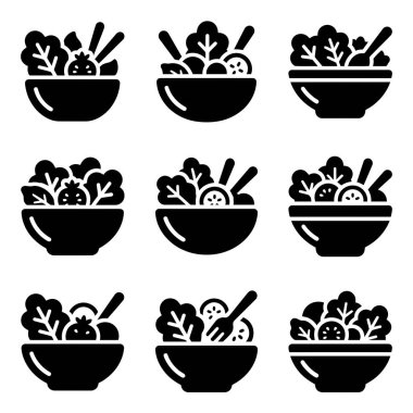 Dokuz basit siyah kabartma salata ikonu koleksiyonu. Her ikon, çatal ve yemek çubukları gibi çatal ve çatal çeşitleriyle marul, domates ve salatalıklı bir kase içerir..
