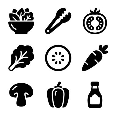 Beyaz arka planda marul, domates, salatalık, havuç, mantar, dolma biber ve sos gibi çeşitli salata bileşenlerini temsil eden dokuz basit siyah ikondan oluşan bir koleksiyon..