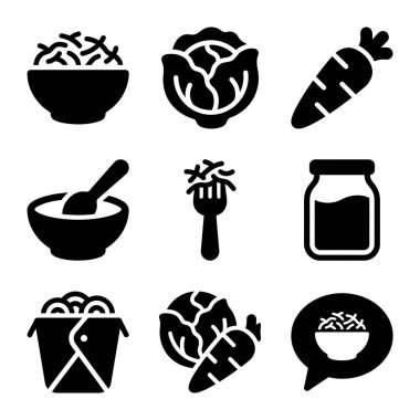 Pirinç, lahana, havuç, çorba ve hazır erişte gibi çeşitli besin maddelerini temsil eden basit kabartma sembolleri koleksiyonu. Mutfak uygulamaları ya da web siteleri için mükemmel.