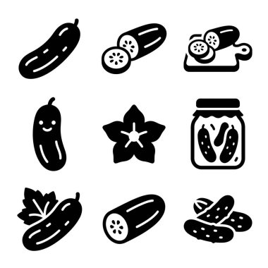 Dokuz siyah beyaz salatalık ikonu koleksiyonu. İçinde bütün, dilimlenmiş, salatalık turşusu, bir çiçek ve sevimli bir karakter var. Yemek, sebze ve yemek temaları için mükemmel..