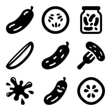 Turşu ve salatalıkla ilgili dokuz basit siyah simge koleksiyonu. Bütün sebzeler, dilimler, kavanoz, çataldaki turşu ve çizgi film karakterini içerir..