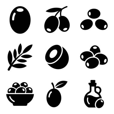 İçinde tam meyve, dallar, bir kase zeytin ve bir şişe zeytin yağı bulunan dokuz basit siyah kabartma ikonundan oluşan bir koleksiyon. Gıda ve tasarım için izole vektör sembolleri.
