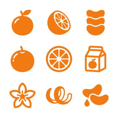 Meyvenin çeşitli formlarını temsil eden dokuz basit portakal ikonu segmentleri, dilimlenmiş meyve suyu karton çiçekleri ve yiyecek ve içecek kavramları.