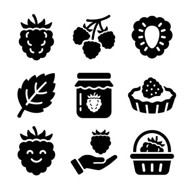 Ahududu temsil eden dokuz siyah beyaz ikon koleksiyonu. Bütün böğürtlen, reçel kavanozu, tart, yaprak, sepet ve sevimli bir karakter içerir, hepsi basit bir kabartma tasarımı içinde..