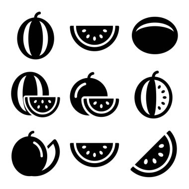 Minimalist siyah-beyaz tarzında vektör grafik karpuz simgeleri. Tam meyve, yarım daire dilimleri ve tohumlu takozlar da dahil olmak üzere çeşitli kesikler var..