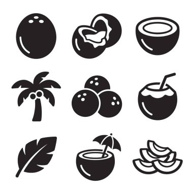 Hindistan cevizleriyle ilgili dokuz siyah ve beyaz vektör ikonu koleksiyonu. Yarım hindistan cevizi, bir palmiye ağacı, tropikal bir yaprak, hindistan cevizi içecekleri ve dilimlenmiş meyve parçaları..