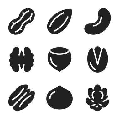 Beyaz arka planda yer fıstığı, badem, ceviz, ceviz, fındık ve şam fıstığı gibi çeşitli fındıkları temsil eden dokuz basit simge koleksiyonu..
