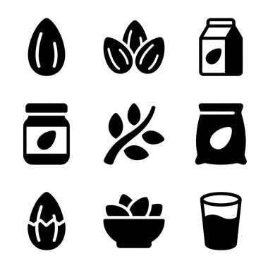 Bademleri ve süt, tereyağı ve atıştırmalık gibi badem bazlı çeşitli ürünleri temsil eden dokuz basit siyah beyaz simge koleksiyonu. Ceviz, dal ve ambalaj sembolleri içerir.